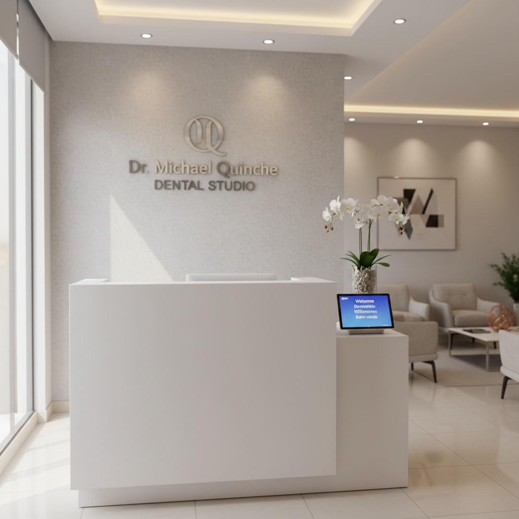 An elegant reception area of a premium dental tourism studio in Tunja, depicted in clean photographic realism. A minimalist white reception desk with a subtle matte finish stands against a textured light-gray wall featuring a refined metallic logo that reads “Dr. Michael Quinche Dental Studio.” On the counter, a small arrangement of white orchids in a clear glass vase sits beside a sleek tablet displaying multilingual welcome messages. Natural daylight streams through a nearby window, complemented by discreet recessed ceiling lights, casting soft, layered illumination and gentle shadows. The mood is sophisticated, welcoming, and serene. Captured from a slightly elevated angle, the composition follows the rule of thirds, with a shallow depth of field that keeps the desk in sharp focus while the background lounge seating and artful decor fade into a soft blur.