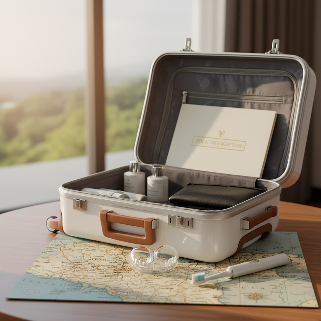 A refined still life composition showcasing the concept of premium dental tourism to Tunja, Colombia, in photographic realism. In the foreground, a glossy white suitcase with brushed metal hardware is partially open, revealing a neatly folded set of luxury toiletries and a slim folder labeled “Dental Treatment Plan.” Beside it rests a clear aligner case and a high-end electric toothbrush with a pearlescent finish. On the table underneath, a detailed map of Colombia is spread out, with Tunja elegantly highlighted in gold. Soft morning light enters from the left, creating delicate highlights on plastic and metal surfaces and a gentle glow on the map. The atmosphere is aspirational, organized, and sophisticated. Shot from a slightly elevated angle with moderate depth of field to keep all elements crisp and inviting.