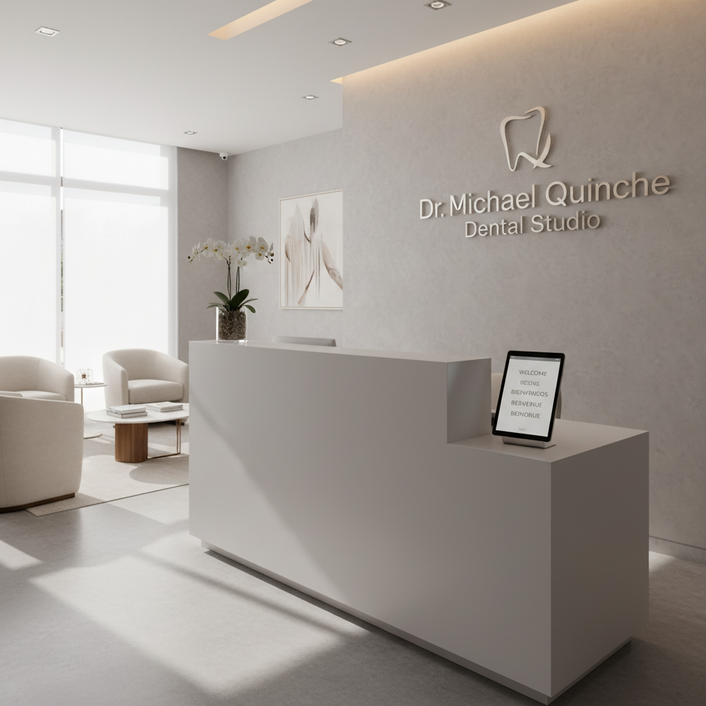 An elegant reception area of a premium dental tourism studio in Tunja, depicted in clean photographic realism. A minimalist white reception desk with a subtle matte finish stands against a textured light-gray wall featuring a refined metallic logo that reads “Dr. Michael Quinche Dental Studio.” On the counter, a small arrangement of white orchids in a clear glass vase sits beside a sleek tablet displaying multilingual welcome messages. Natural daylight streams through a nearby window, complemented by discreet recessed ceiling lights, casting soft, layered illumination and gentle shadows. The mood is sophisticated, welcoming, and serene. Captured from a slightly elevated angle, the composition follows the rule of thirds, with a shallow depth of field that keeps the desk in sharp focus while the background lounge seating and artful decor fade into a soft blur.