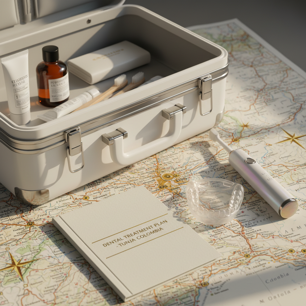 A refined still life composition showcasing the concept of premium dental tourism to Tunja, Colombia, in photographic realism. In the foreground, a glossy white suitcase with brushed metal hardware is partially open, revealing a neatly folded set of luxury toiletries and a slim folder labeled “Dental Treatment Plan.” Beside it rests a clear aligner case and a high-end electric toothbrush with a pearlescent finish. On the table underneath, a detailed map of Colombia is spread out, with Tunja elegantly highlighted in gold. Soft morning light enters from the left, creating delicate highlights on plastic and metal surfaces and a gentle glow on the map. The atmosphere is aspirational, organized, and sophisticated. Shot from a slightly elevated angle with moderate depth of field to keep all elements crisp and inviting.