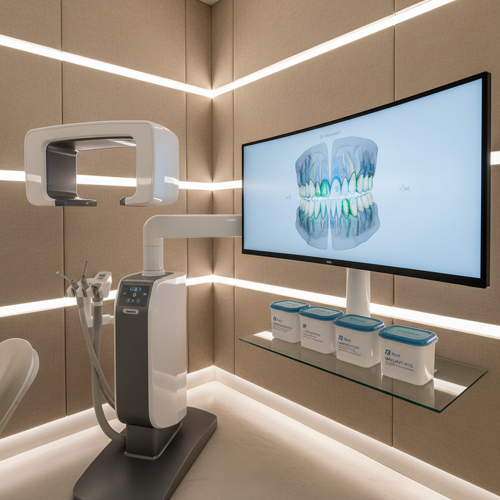 A high-tech diagnostic corner inside a luxury dental studio in Tunja, rendered in photographic realism. A state-of-the-art 3D dental scanner with a smooth white and graphite body stands beside a slim, ultra-wide monitor displaying a rotating 3D model of a full dental arch, each tooth intricately detailed. The equipment is set against a backdrop of soft beige acoustic panels and integrated LED light strips that cast a cool, even glow, emphasizing precision and modernity. A glass shelf holds neatly arranged, labeled containers of sterilized instruments, all perfectly aligned. The mood is advanced, trustworthy, and clinically sophisticated. Captured at a three-quarter angle, the composition uses leading lines from the scanner arm and monitor edge to draw the eye toward the digital model, with a shallow depth of field gently separating foreground technology from the subtly blurred background.