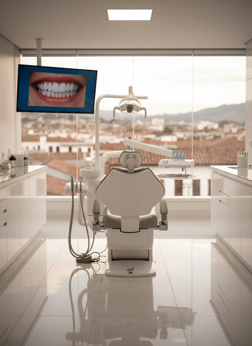 A meticulously arranged dental treatment room in a premium studio in Tunja, Colombia, captured in photographic realism. A sleek, white dental chair with soft leather texture and chrome accents rests at the center, surrounded by glossy white cabinetry and a wall-mounted screen displaying a high-resolution digital smile design. Large floor-to-ceiling windows reveal a softly blurred cityscape of Tunja, with diffused afternoon light flooding the room, creating subtle reflections on polished surfaces. The mood is sophisticated, calm, and clinically pristine. Shot at eye level with a wide-angle lens, the composition emphasizes symmetry and depth, with a shallow depth of field gently softening distant details to highlight the cutting-edge equipment and luxurious ambiance of this dental tourism destination.