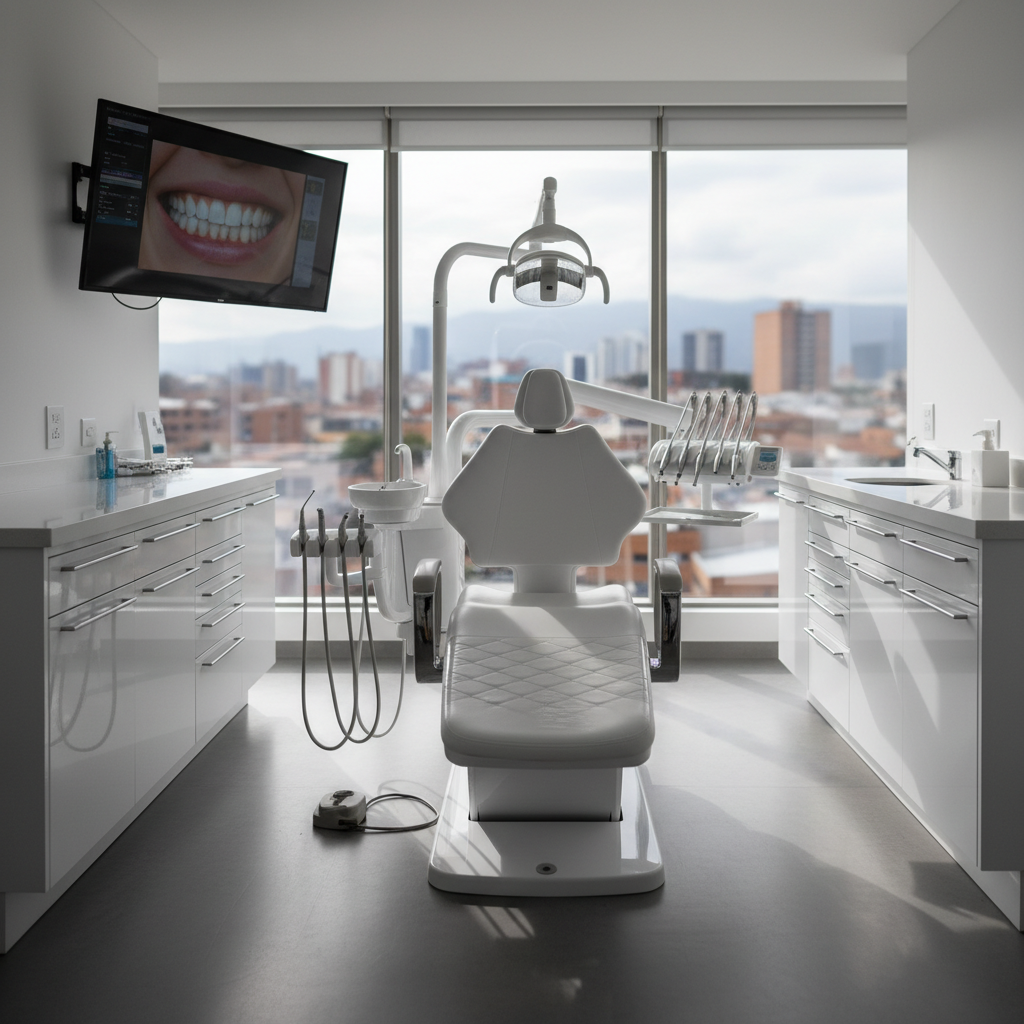 A meticulously arranged dental treatment room in a premium studio in Tunja, Colombia, captured in photographic realism. A sleek, white dental chair with soft leather texture and chrome accents rests at the center, surrounded by glossy white cabinetry and a wall-mounted screen displaying a high-resolution digital smile design. Large floor-to-ceiling windows reveal a softly blurred cityscape of Tunja, with diffused afternoon light flooding the room, creating subtle reflections on polished surfaces. The mood is sophisticated, calm, and clinically pristine. Shot at eye level with a wide-angle lens, the composition emphasizes symmetry and depth, with a shallow depth of field gently softening distant details to highlight the cutting-edge equipment and luxurious ambiance of this dental tourism destination.