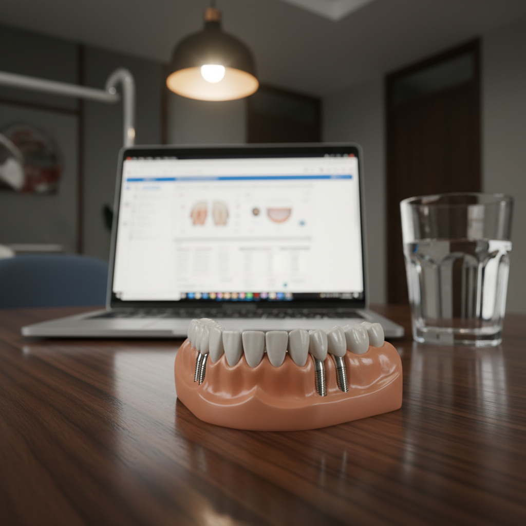 A close-up, photographic-realistic view of an immaculate dental implant model resting on a dark walnut consultation table in a luxury dental studio. The model shows a full arch of perfectly aligned, natural-looking porcelain teeth anchored to titanium implants, each component rendered with precise texture and detail. Behind it, slightly out of focus, sit a slim silver laptop displaying a digital treatment plan and a crystal-clear glass of water. Soft, warm pendant lighting from above creates gentle highlights on the enamel surfaces and subtle shadows along the gumline, enhancing depth. The atmosphere feels professional, reassuring, and high-end, ideal for explaining advanced dental tourism treatments to international patients seeking premium yet accessible care in Tunja, Colombia.