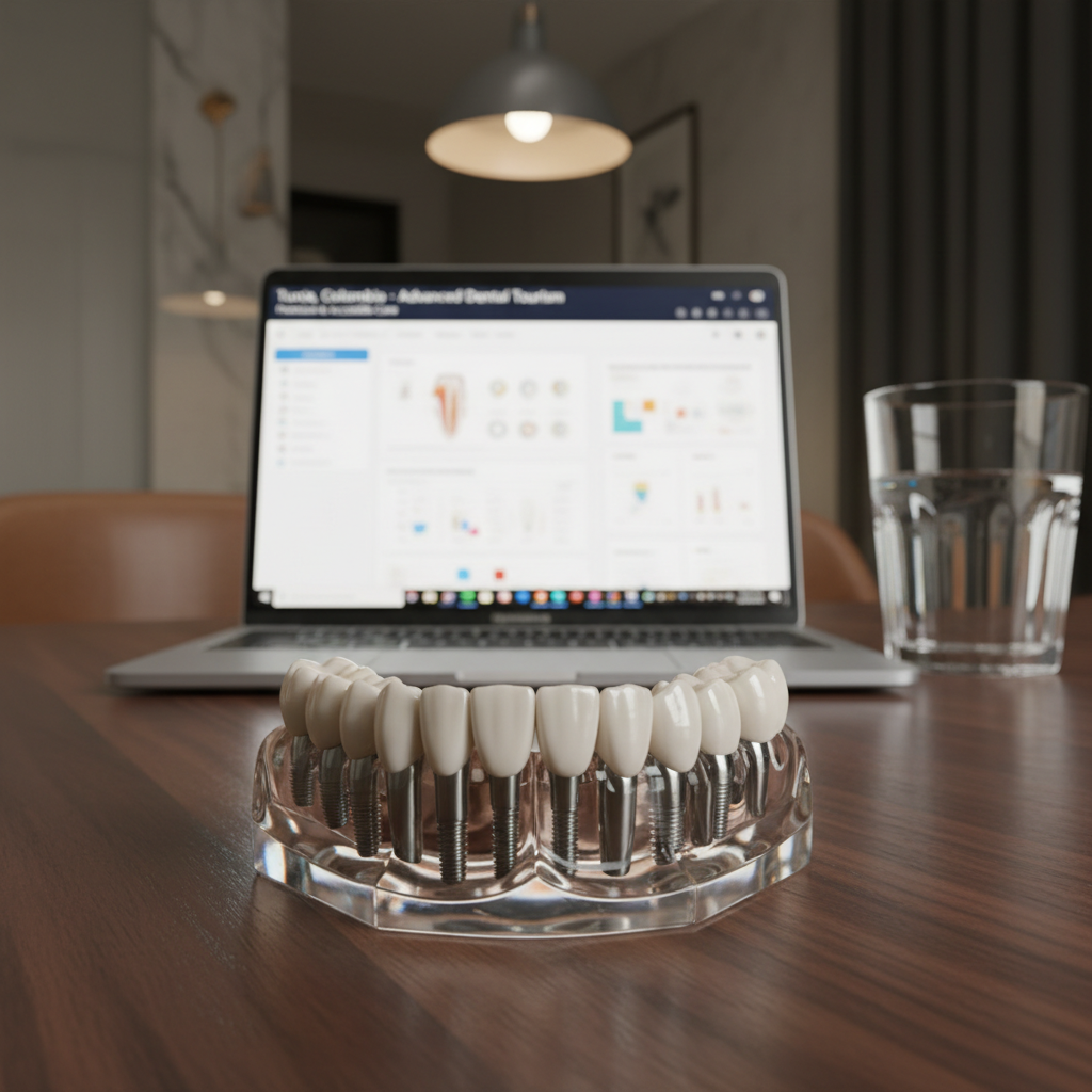 A close-up, photographic-realistic view of an immaculate dental implant model resting on a dark walnut consultation table in a luxury dental studio. The model shows a full arch of perfectly aligned, natural-looking porcelain teeth anchored to titanium implants, each component rendered with precise texture and detail. Behind it, slightly out of focus, sit a slim silver laptop displaying a digital treatment plan and a crystal-clear glass of water. Soft, warm pendant lighting from above creates gentle highlights on the enamel surfaces and subtle shadows along the gumline, enhancing depth. The atmosphere feels professional, reassuring, and high-end, ideal for explaining advanced dental tourism treatments to international patients seeking premium yet accessible care in Tunja, Colombia.